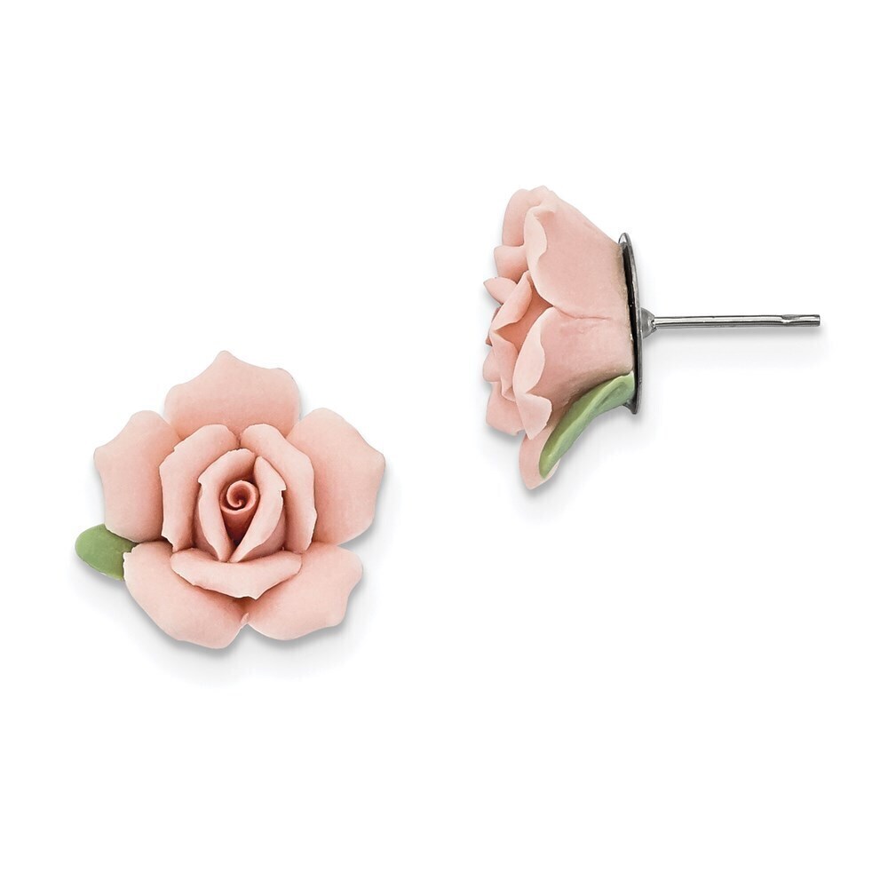 Pink Porcelain Rose Surgical Stainless Steel Post Earrings w Bullet-clutch Back